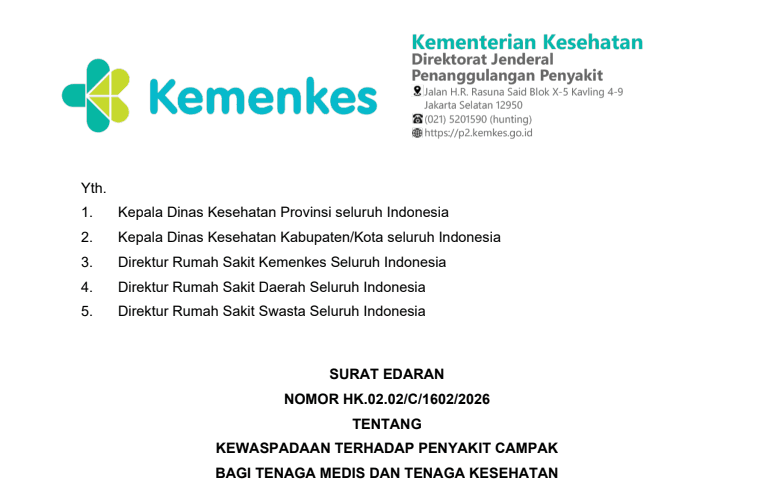 Kemenkes Keluarkan Surat Edaran Kewaspadaan Campak