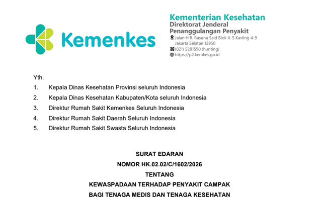 Kemenkes Keluarkan Surat Edaran Kewaspadaan Campak